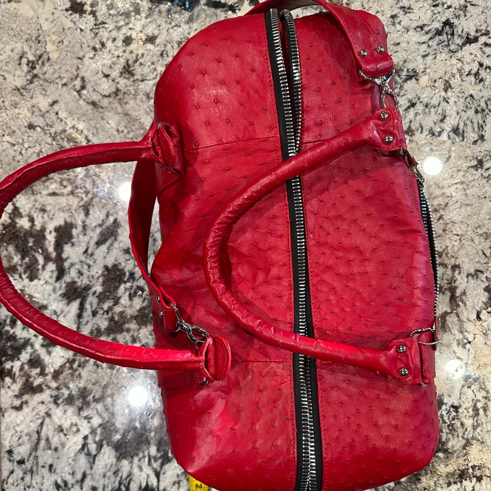 Custom red genuine ostrich duffle bag